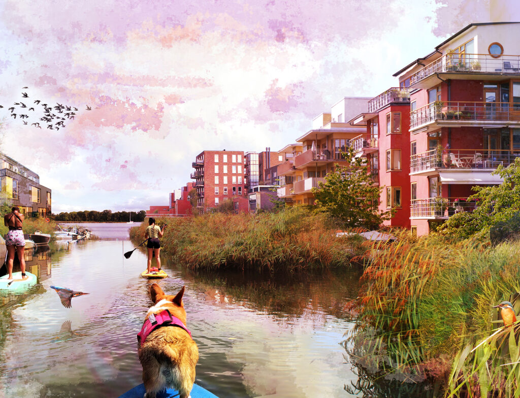 Foto Amsterdam Bay Area - sub boarder op het water langs woningen [cover foto]